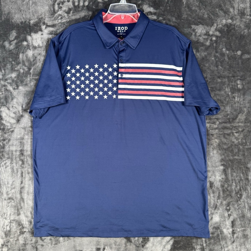 IZOD Men's Golf Polo Shirt Size XL Short Sleeve Red. Blue, White & Black Stripes